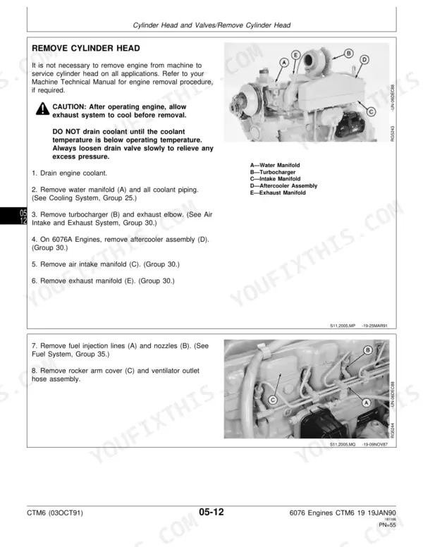 John Deere 6076 Engines cylinder head removal procedure with diagrams of manifolds, turbocharger, and fuel injection lines.