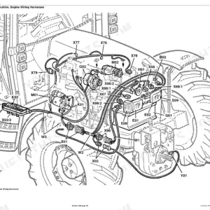 John Deere 6100, 6200, 6300, 6400 engine wiring harness component location diagram showing connectors and sensors.
