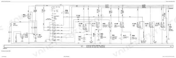 John Deere 6100, 6200, 6300, 6400 electrical system schematic showing starting, charging, and fuel preheater circuits.