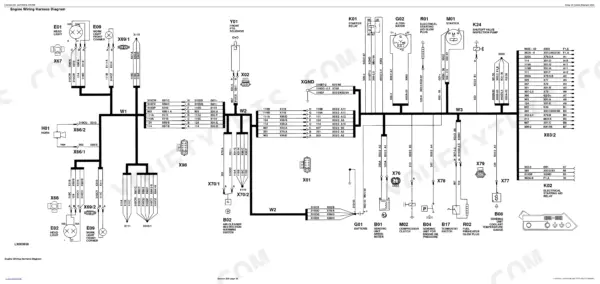 John Deere 6100, 6200, 6300, 6400 engine wiring harness diagram showing electrical components, connectors, and pinouts.
