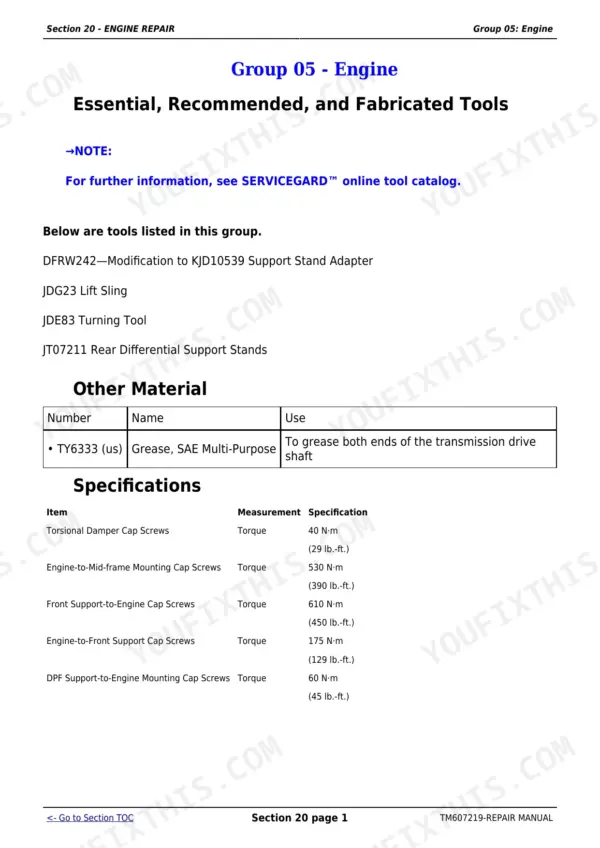 John Deere 6105D, 6115D, 6130D, 6140D engine repair manual page listing essential tools, material, and torque specifications.