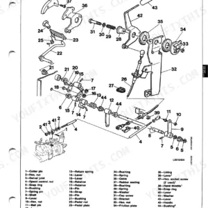 John Deere 6800, 6900 exploded view diagram of the speed control linkage components and parts list.