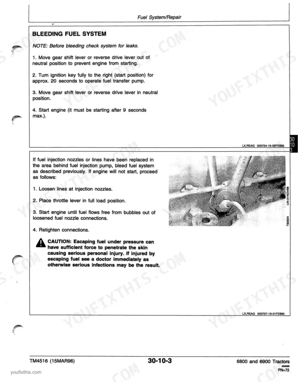 John Deere 6800, 6900 fuel system bleeding procedure, including loosening fuel injection nozzle lines and safety warning.