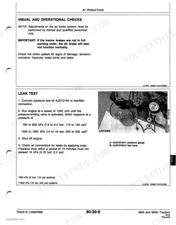 John Deere 6800, 6900 air brake system visual checks and leak test procedure using KJD10194 pressure test kit.