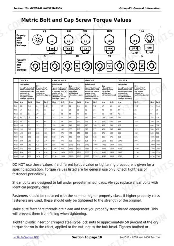 John Deere 7200, 7400 metric bolt and cap screw torque values table for property classes 4.8 through 12.9.