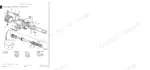 John Deere 730, 733, 740, 745, 750 exploded view of steering cylinder, tie-rods, piston rod, and seals for front-wheel drive axles.