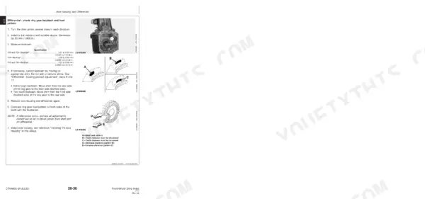 John Deere 730, 733, 740, 745, 750 differential ring gear backlash adjustment procedure and load pattern diagrams.