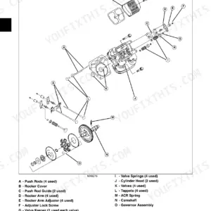 John Deere 737, 757 engine internal components exploded view diagram showing valves, camshaft, and rocker assembly.