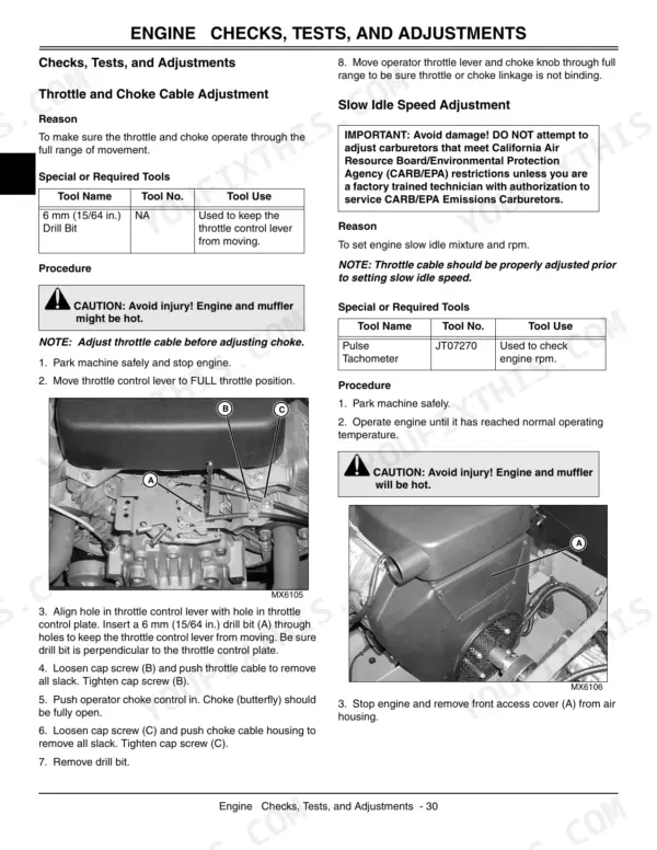 John Deere 737, 757 engine procedures for throttle, choke cable, and slow idle speed adjustments with component diagrams.
