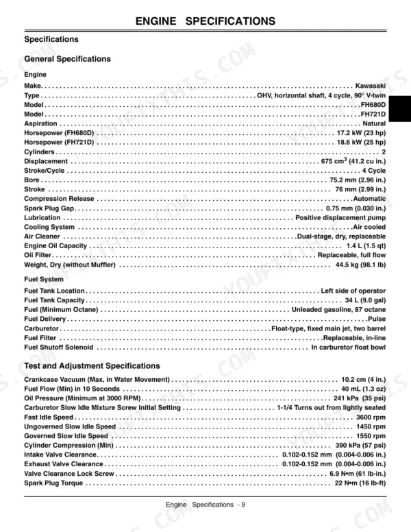 John Deere 737, 757 engine specifications table for Kawasaki FH680D and FH721D, including fuel and adjustment data.
