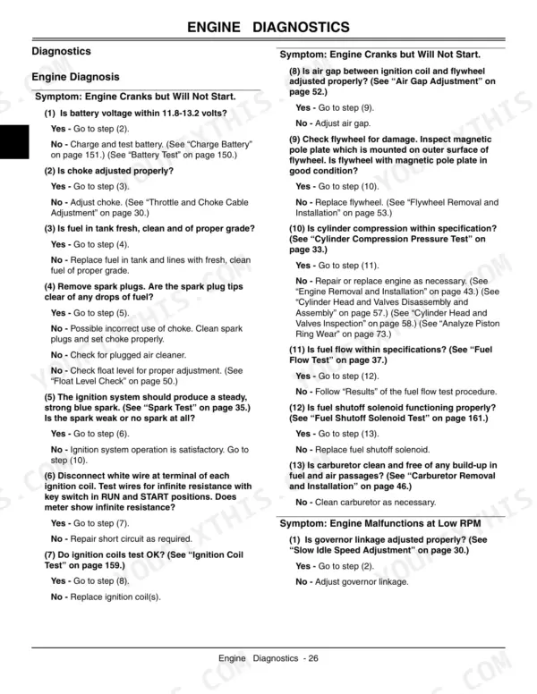 John Deere 737, 757 engine diagnostics troubleshooting chart for engine cranks but will not start and low RPM malfunctions.