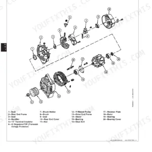 John Deere 8100, 8200, 8300, 8400, 8110, 8210, 8310, 8410 exploded view diagram of the alternator charging circuit components.