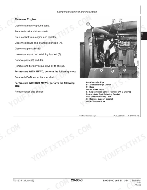 John Deere 8100, 8200, 8300, 8400, 8110, 8210, 8310, 8410 engine removal procedure, cooling system components, and diagram.