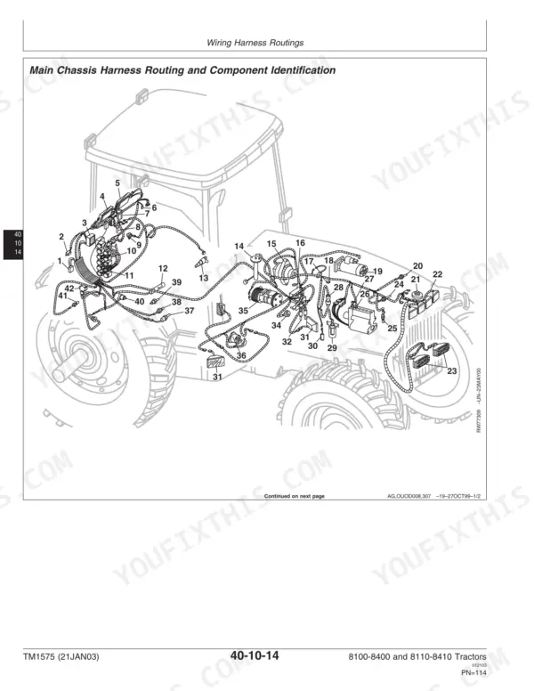 John Deere 8100, 8200, 8300, 8400, 8110, 8210, 8310, 8410 main chassis wiring harness routing and component diagram.
