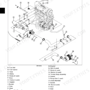 John Deere 825i gas engine intake component location diagram showing fuel rail, throttle body, and air filter assembly.