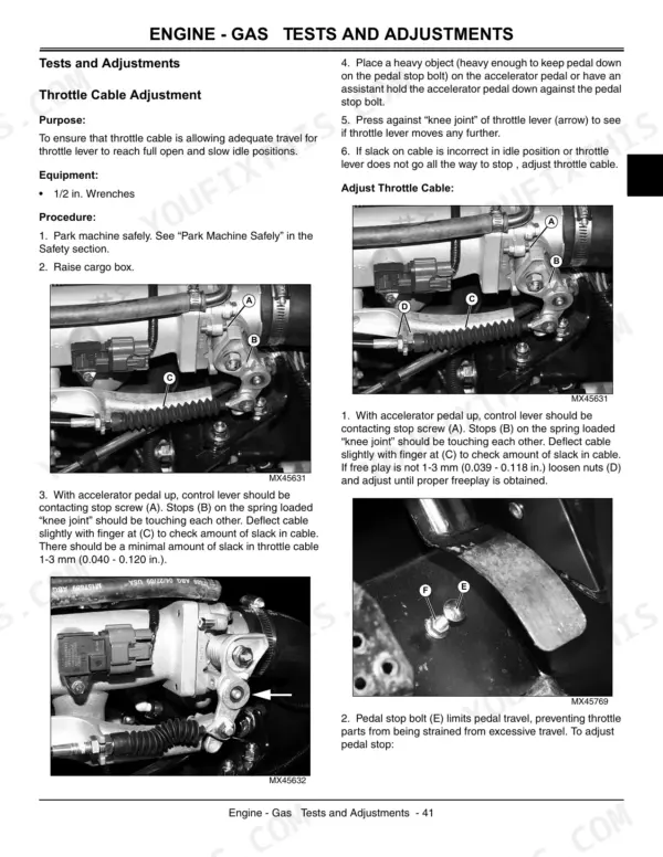 John Deere 825i throttle cable adjustment procedure with diagrams showing cable, knee joint, and pedal stop bolt components.