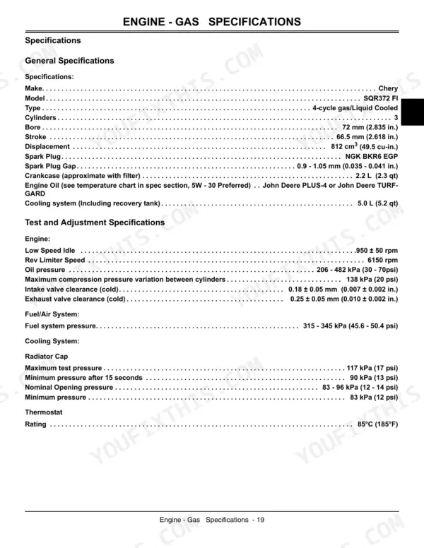 John Deere 825i gas engine general specifications, test and adjustment data, including valve clearance and cooling system specs.
