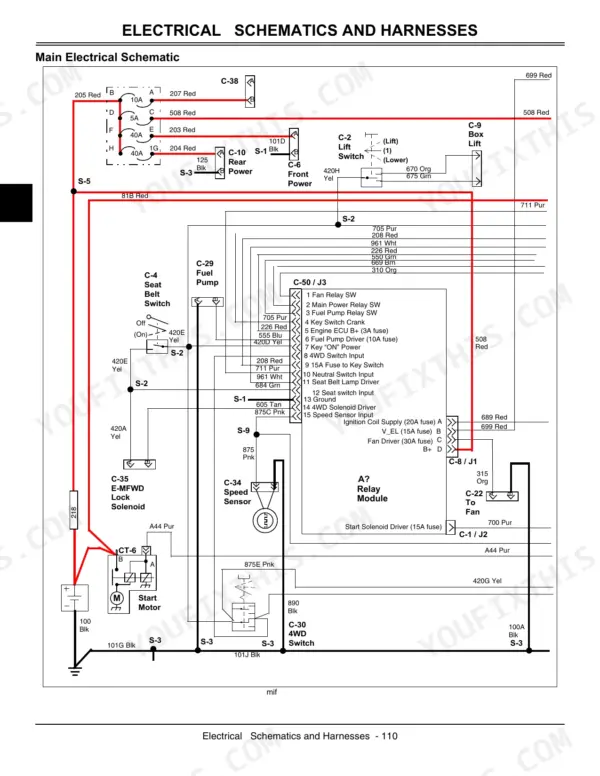 John Deere 825i main electrical schematic showing relay module, start motor, fuel pump, and lift switch wiring connections.