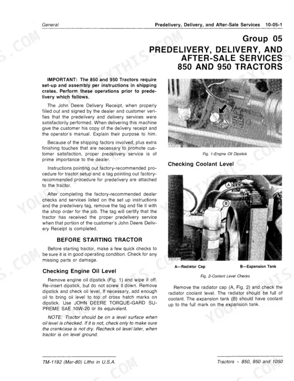 John Deere 850, 900HC, 950, 1050 predelivery service manual page showing engine oil dipstick and coolant level check procedures.