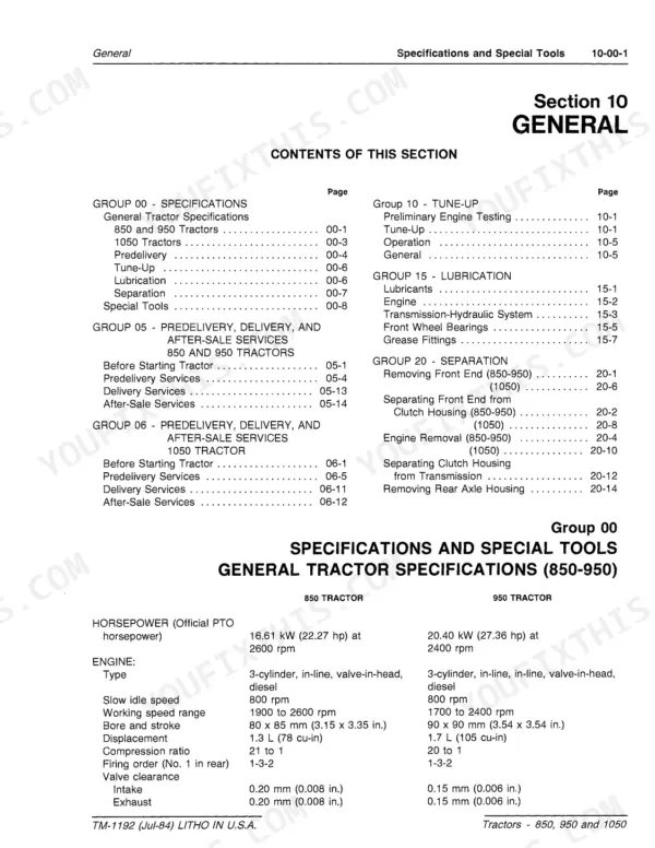 John Deere 850, 900HC, 950, 1050 manual section 10 table of contents and general tractor specifications table.
