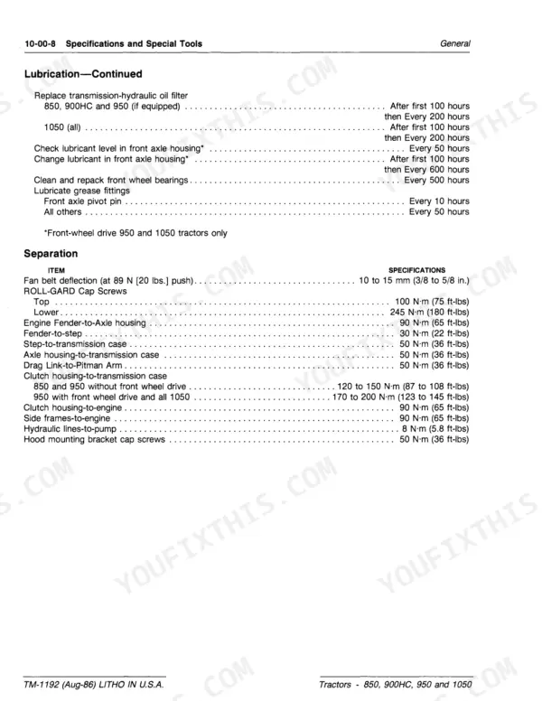 John Deere 850, 900HC, 950, 1050 lubrication intervals and torque specifications table for tractor components.