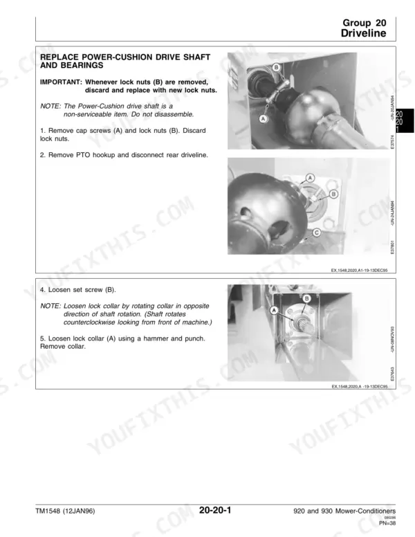 John Deere 920, 930, 920 Mower-Conditioners, 930 Mower-Conditioners: Procedure for replacing Power-Cushion drive shaft and bearings.
