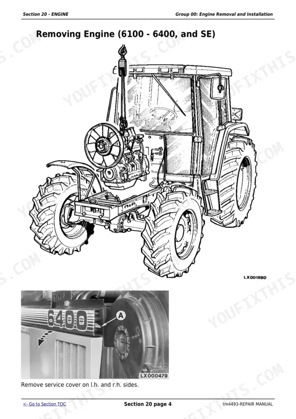 John Deere 6100, SE6100, 6200, SE6200, 6300, SE6300, 6400, SE6400, 6506, 6600 engine removal and service cover procedure.