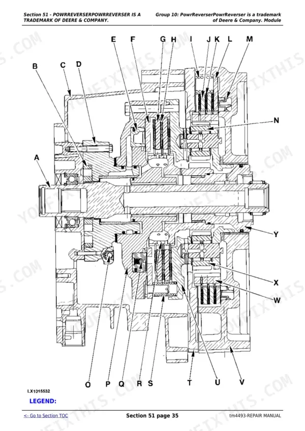John Deere 6100-6600 PowrReverser module cross-section diagram showing clutch pack and gear components.