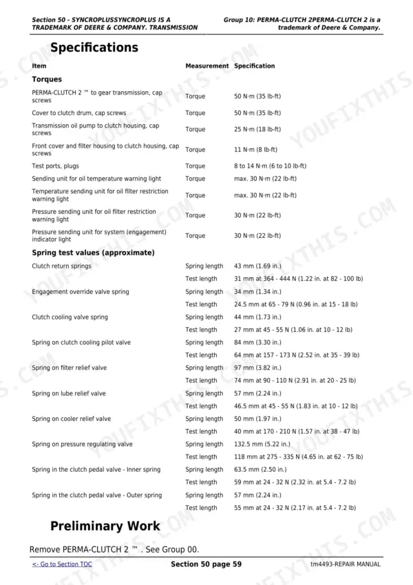 John Deere 6100-6600 transmission torque specifications and spring test values for Perma-Clutch 2 components.