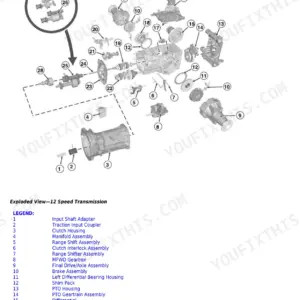 John Deere Agriculture 6100D-6130D exploded view diagram of 12-speed transmission components and parts legend.