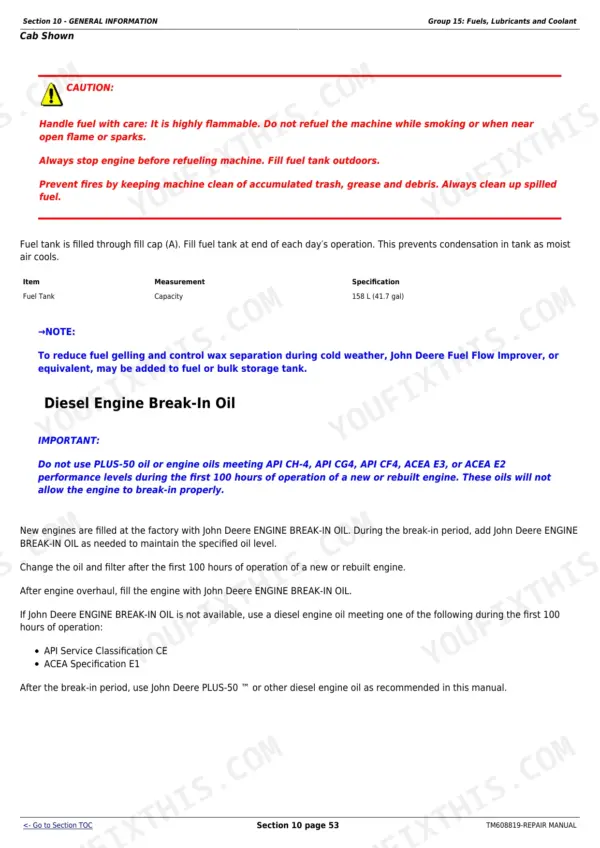 John Deere 6100D-6130D fuel tank capacity table, safety refueling procedures, and engine break-in oil specifications.