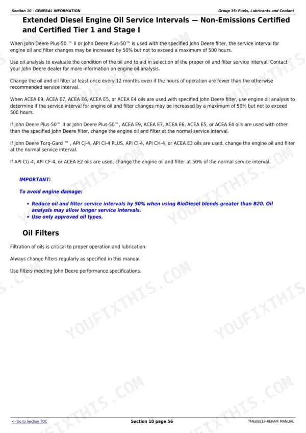 John Deere 6100D, 6110D, 6115D, 6125D, 6130D engine oil service intervals and oil filter specifications.