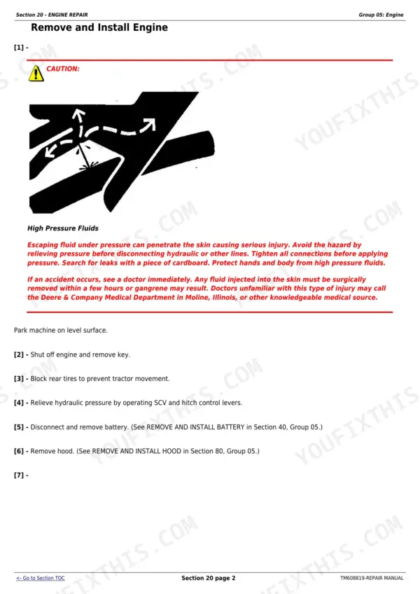 John Deere 6100D-6130D engine removal safety procedure, high pressure fluid hazard warning and instructions.