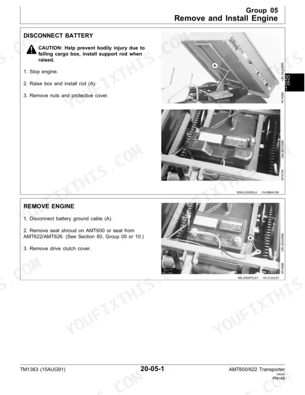 John Deere AMT600, AMT622, AMT626 engine removal and battery disconnect procedure with cargo box support rod diagram.