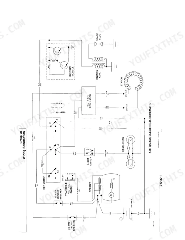 John Deere AMT600, AMT622, AMT626 electrical schematic showing ignition, starter, and lighting wiring circuits.