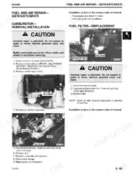 John Deere GX70, GX75, GX85, SX85, GX95, SRX75, SRX95 carburetor removal and fuel filter replacement procedures.