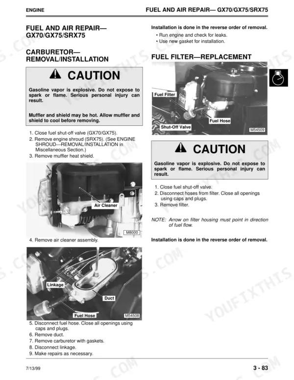 John Deere GX70, GX75, GX85, SX85, GX95, SRX75, SRX95 carburetor removal and fuel filter replacement procedures.