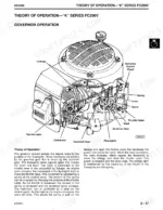 John Deere GX70, GX75, GX85, SX85, GX95, SRX75, SRX95 engine governor operation diagram showing linkage, flyweights, and gear.