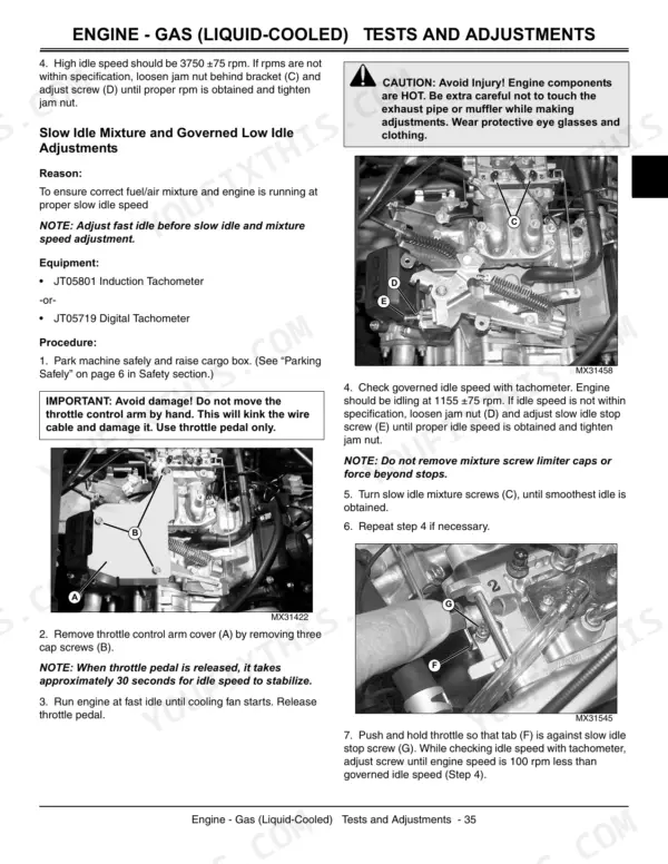 John Deere HPX 4X2, HPX 4X4 Gas, HPX 4X4 Diesel, Gator Utility Vehicle, HPX 4X2 Gas, HPX 4X2 Diesel gas engine idle adjustment procedure.