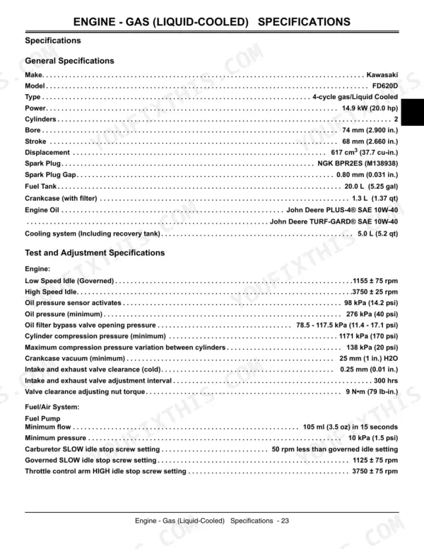 John Deere HPX 4X2, HPX 4X4 Gas, HPX 4X4 Diesel Gator: Kawasaki FD620D liquid-cooled engine specifications and test data.