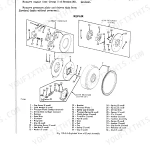 John Deere JD350, JD350 Crawler Tractors and Crawler Loaders engine clutch assembly exploded view and parts list.