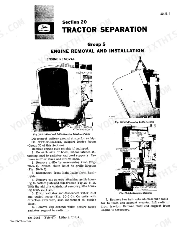 John Deere JD350, JD350 Crawler Tractors and Crawler Loaders engine removal and radiator service procedures.