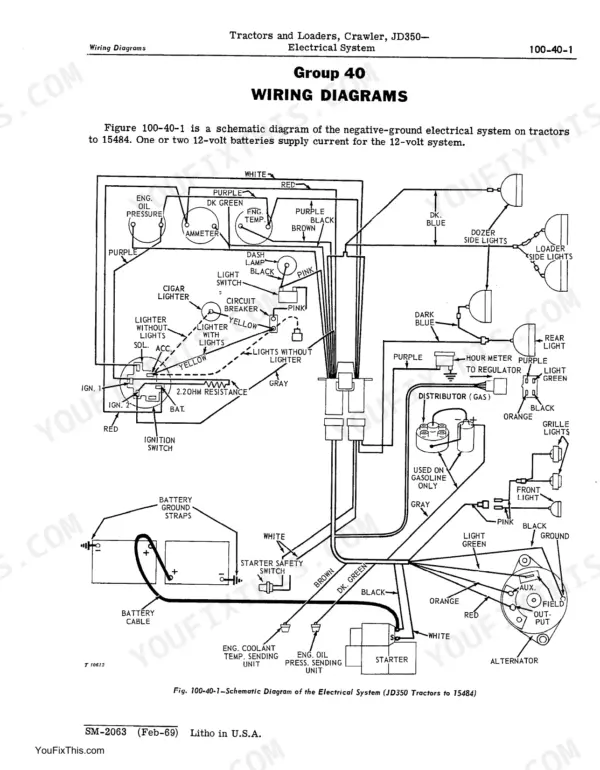 John Deere JD350, JD350 Crawler Tractors and Crawler Loaders negative-ground electrical system wiring diagram.