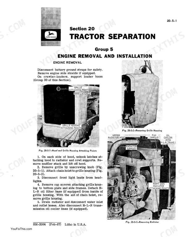 John Deere JD450, JD450 Crawler Tractors, JD450 Crawler Loaders engine removal and radiator removal procedures.