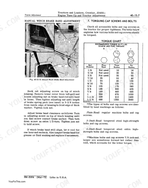 John Deere JD450, JD450 Crawler Tractors, JD450 Crawler Loaders manual page showing winch brake band adjustment and torque chart.