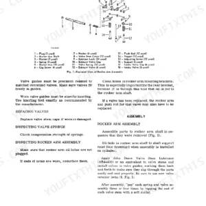 John Deere JD570, JD570A exploded view of rocker arm assembly, valve inspection, and assembly procedures for basic engine.