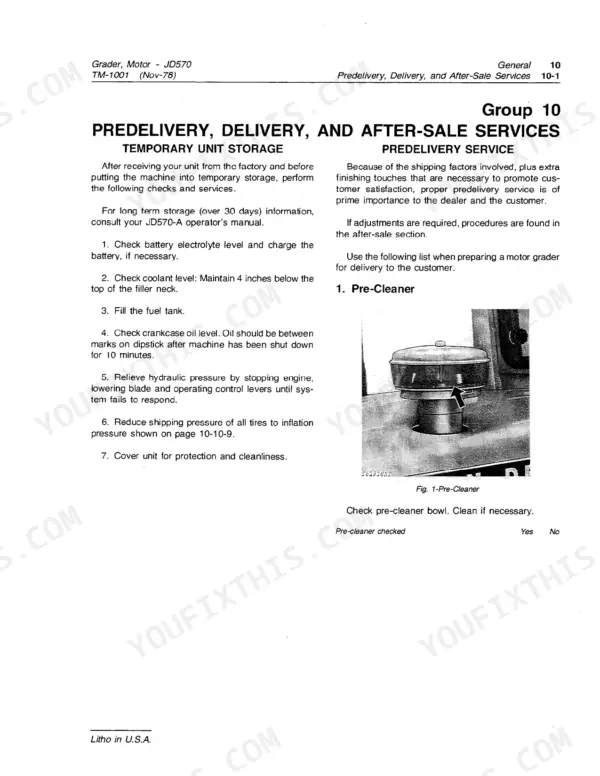 John Deere JD570, JD570A manual page for temporary unit storage and predelivery service procedures including pre-cleaner.