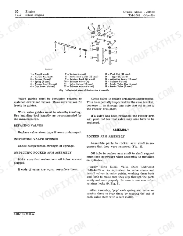 John Deere JD570, JD570A exploded view of rocker arm assembly, valve inspection, and assembly procedures for basic engine.