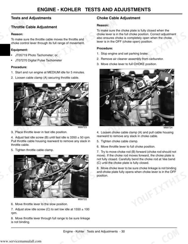John Deere LX255, LX266, LX277, LX277AWS, LX279, LX288 Kohler engine throttle and choke cable adjustment procedures.