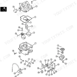 John Deere M653, M655, M665 exploded view diagram for carburetor disassembly, inspection, and assembly components.